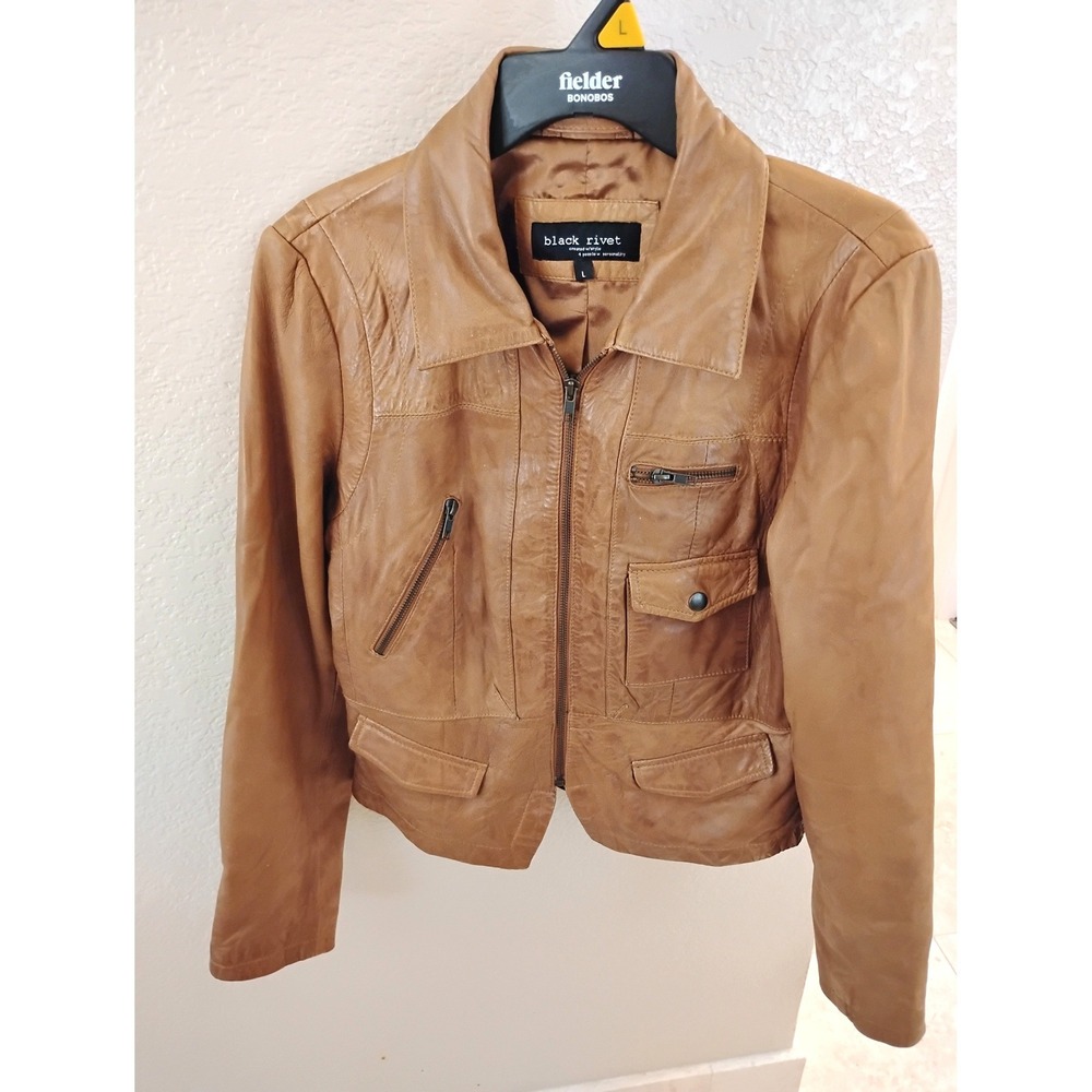 Black Rivet Cognac Leather Utility Moto Jacket Earthtones Cabincore Cottagecore